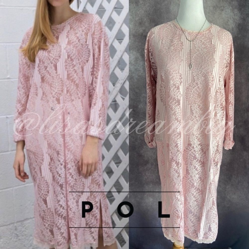 POL Pink Lace Shift 3/4 Sleeve Dress